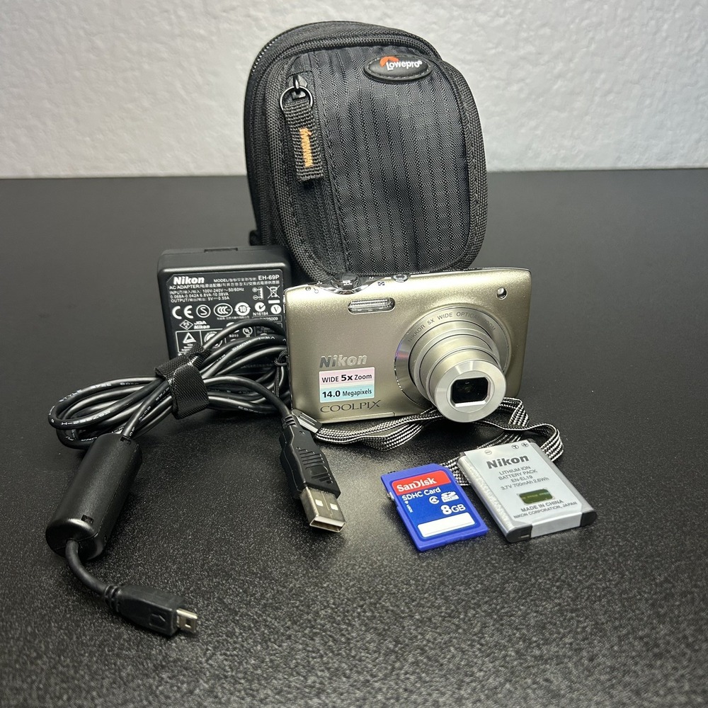 Nikon COOLPIX S3100 14MP Digital Camera 5x Zoom 8GB SD Battery Charger Tested